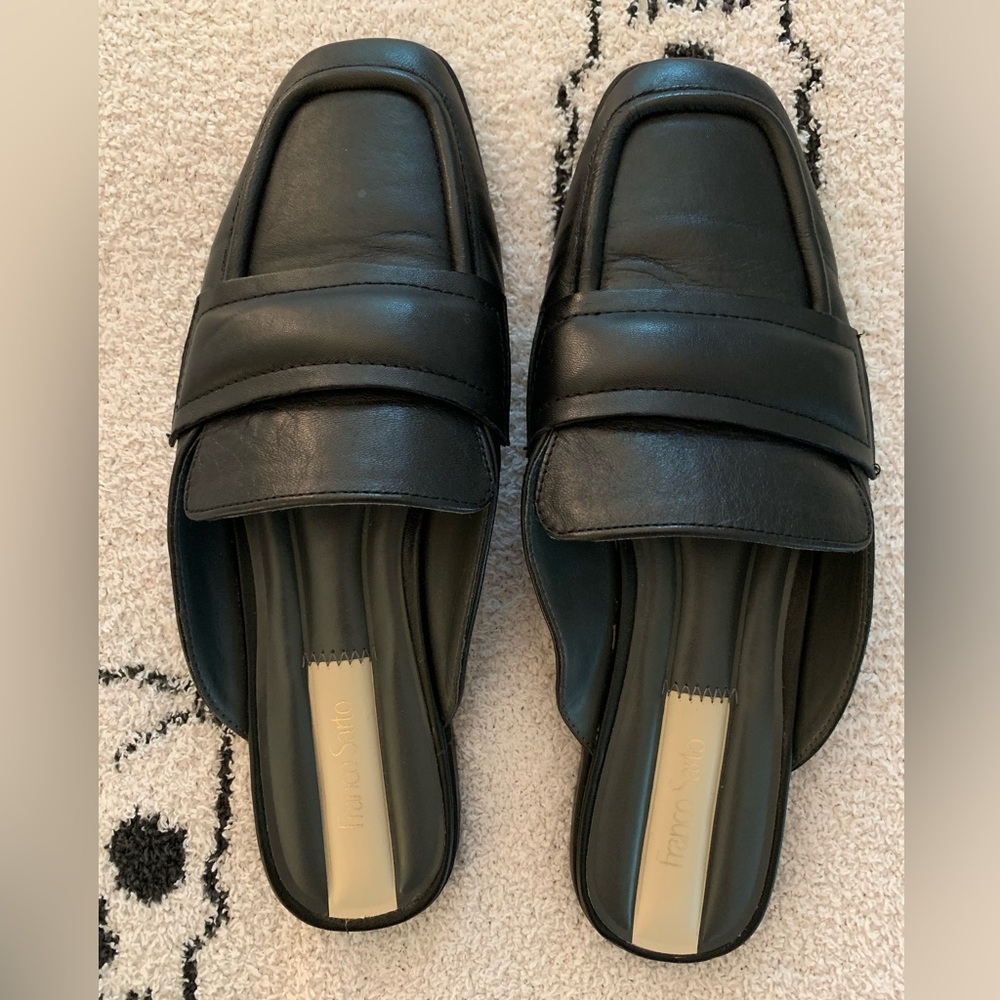 Franco Sarto Black Leather Square-Toe Slip-On Mules